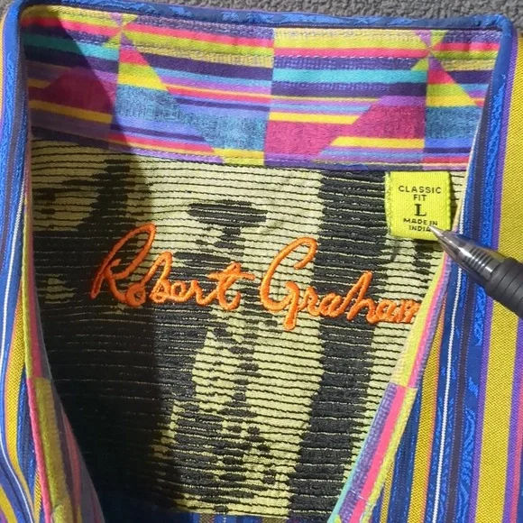 Robert Graham Shirt Blue Yellow Striped Paisley Abstract Flip Cuff Men's Sz L - Picture 9 of 11